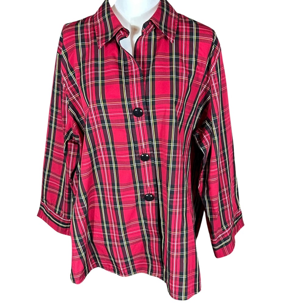 Foxcroft Button‎ Down Shirt Women 20W Red Black Plaid Wrinkle Free Shaped Fit